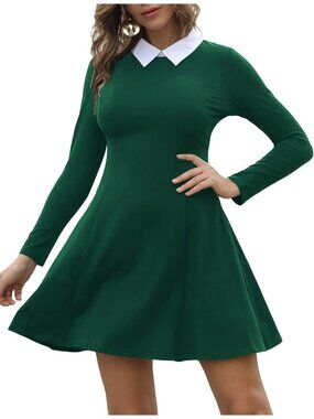 Women's Green Long Sleeve Peter Pan Collar A Line Fit & Flare Skater Goth Dress